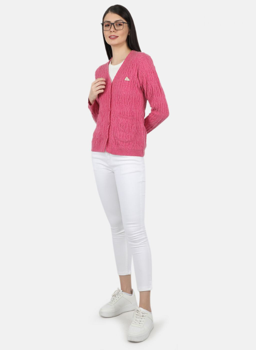 Women Pink Self Design Cardigan