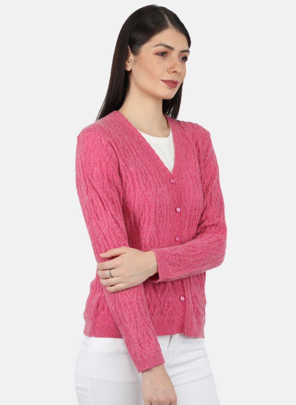 Women Pink Self Design Cardigan