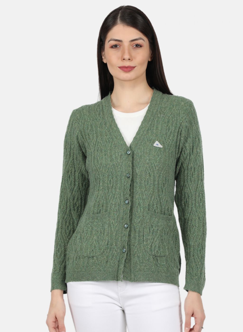 Women Green Self Design Cardigan