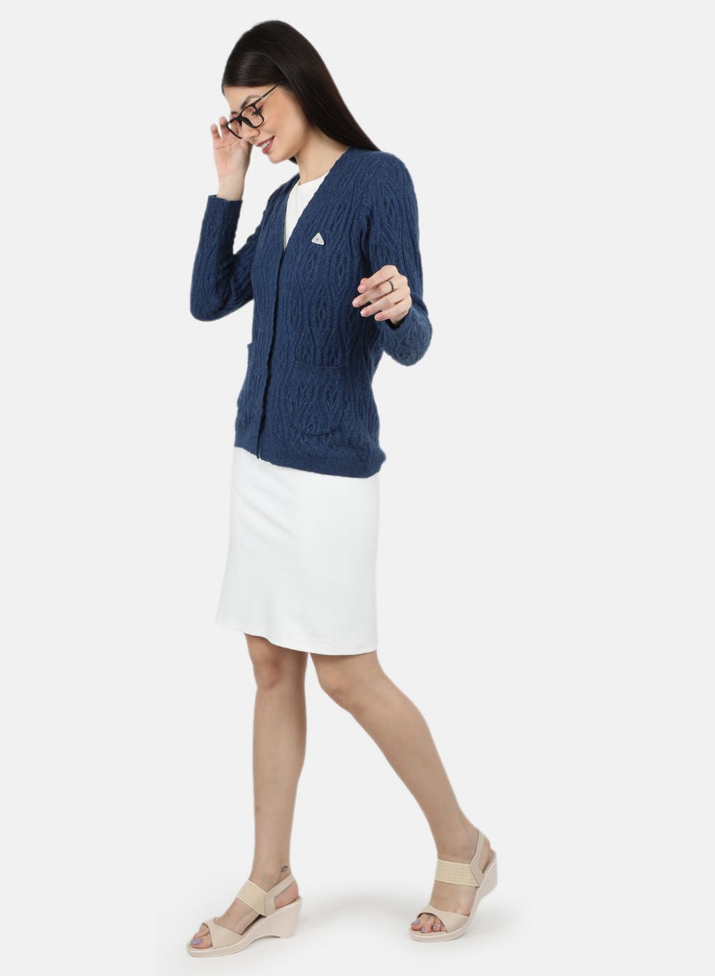 Women Blue Self Design Cardigan