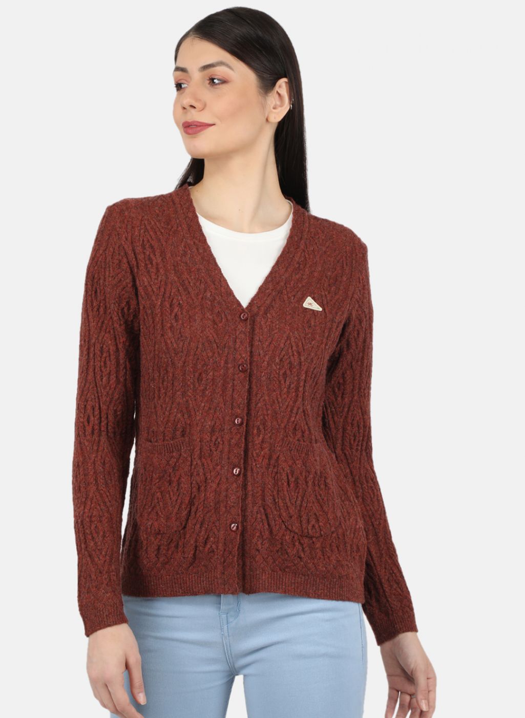 Women Brown Self Design Cardigan