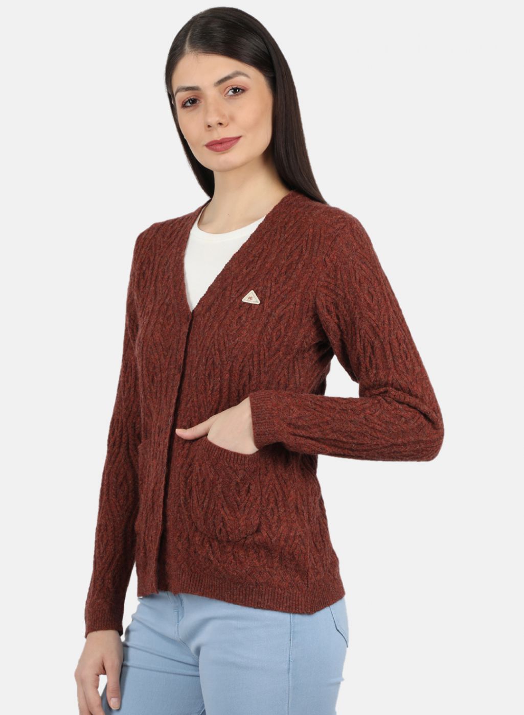 Women Brown Self Design Cardigan