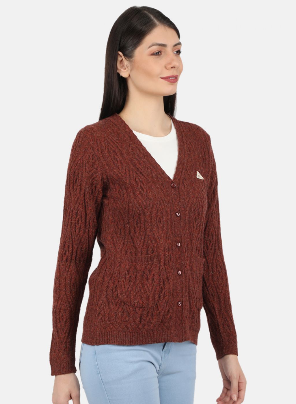 Women Brown Self Design Cardigan