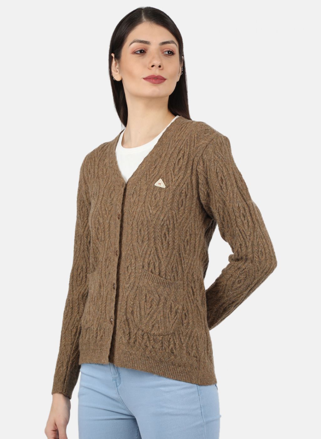 Women Brown Self Design Cardigan