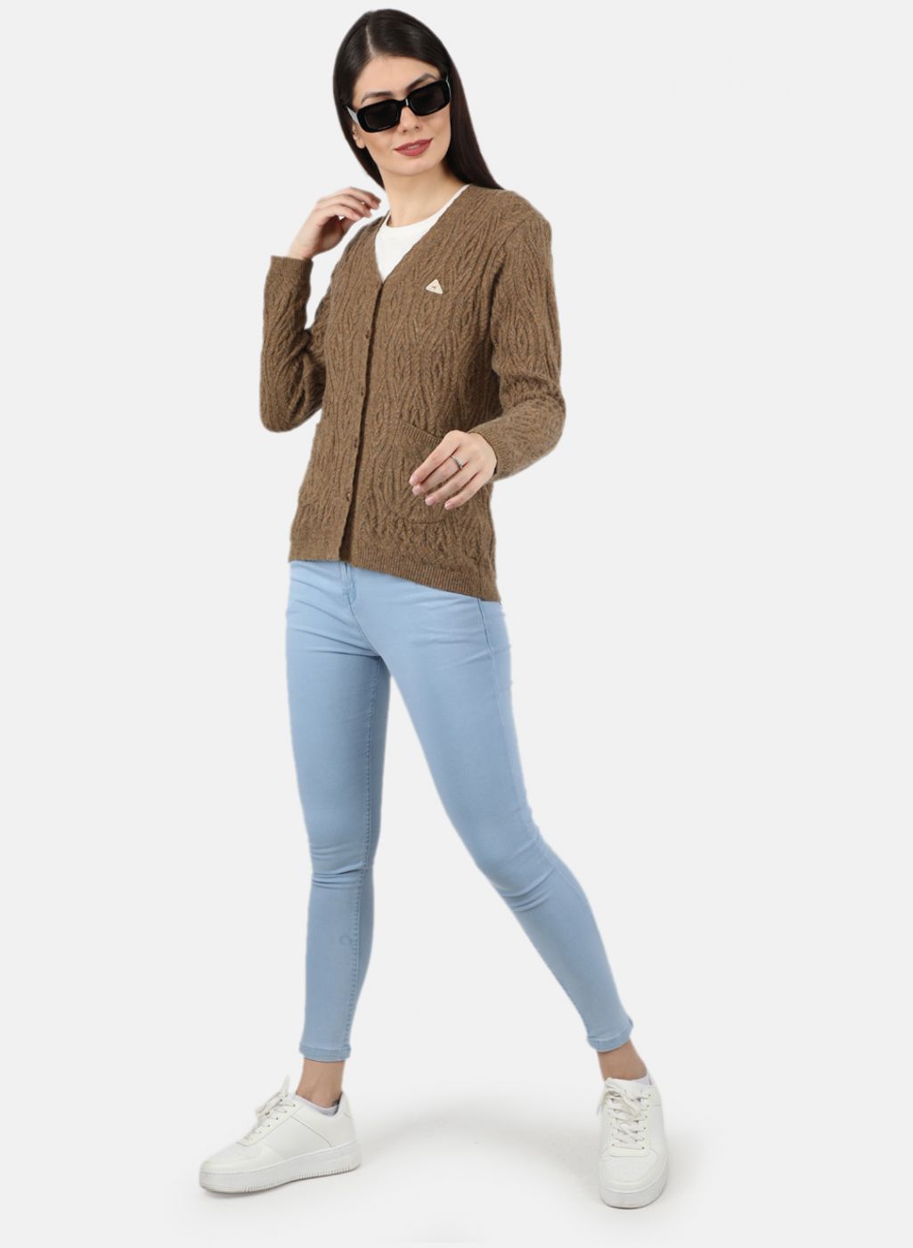 Women Brown Self Design Cardigan