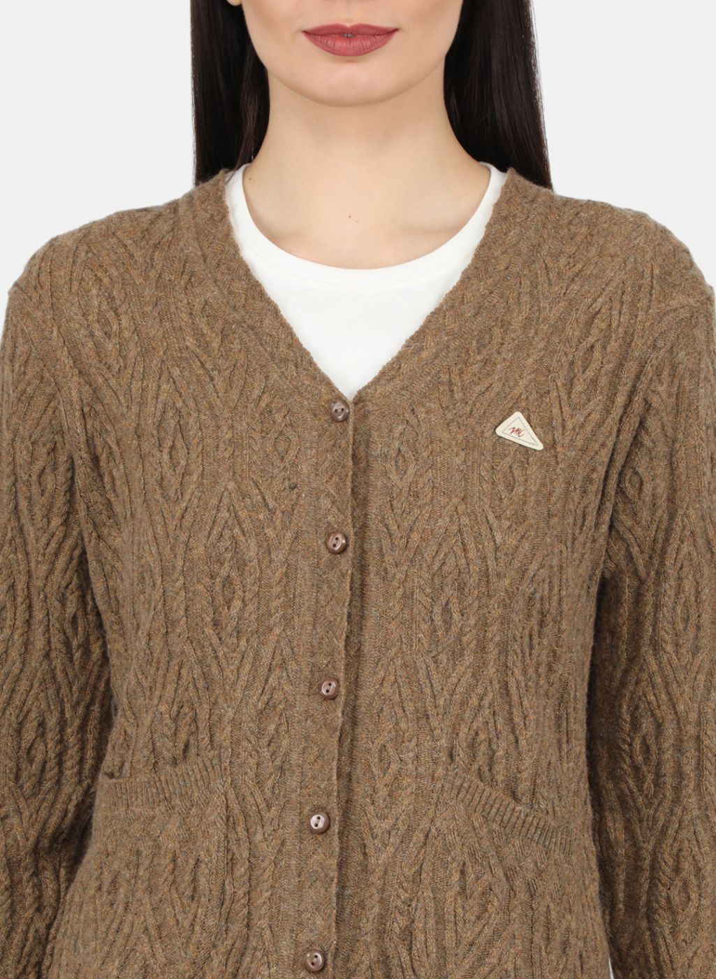 Women Brown Self Design Cardigan