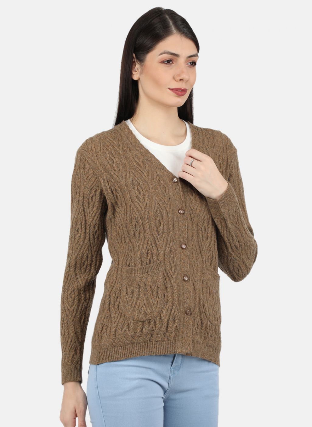 Women Brown Self Design Cardigan