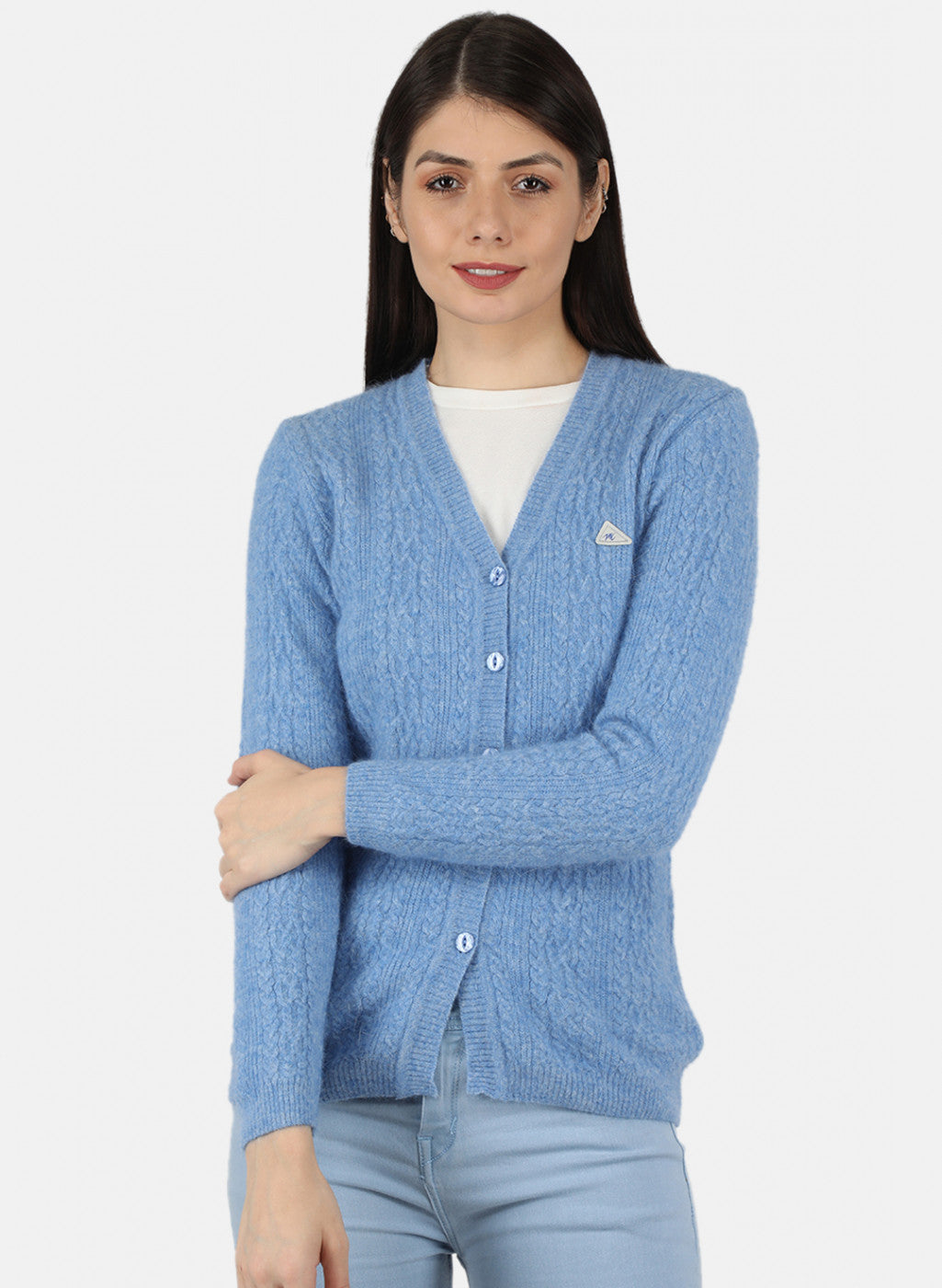 Women Blue Self Design Cardigan