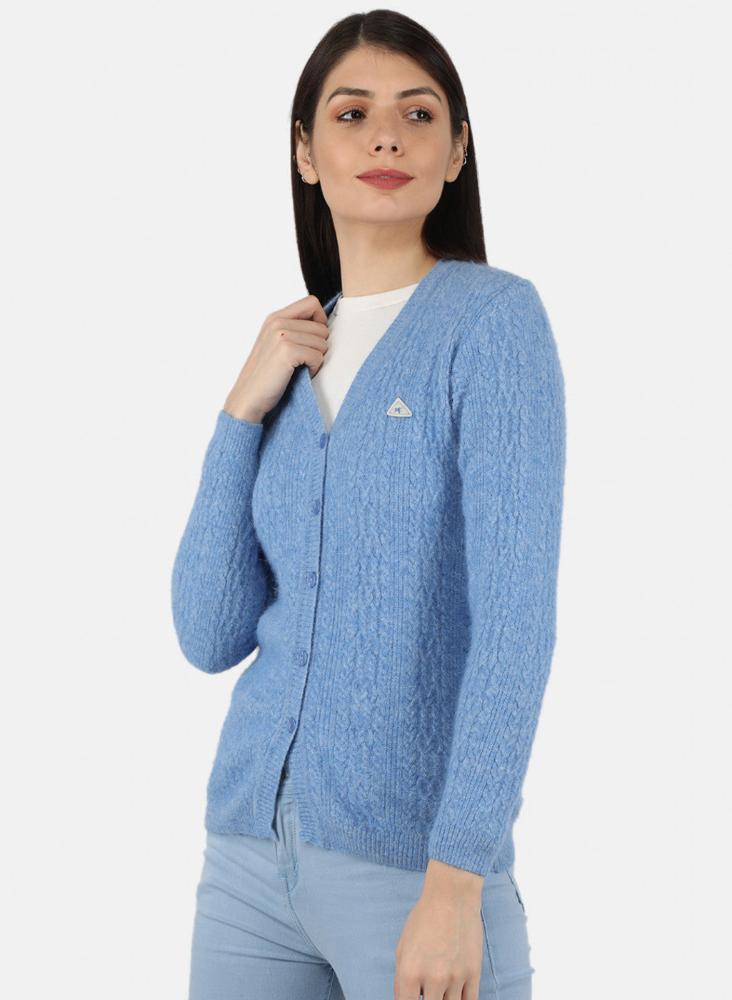 Women Blue Self Design Cardigan