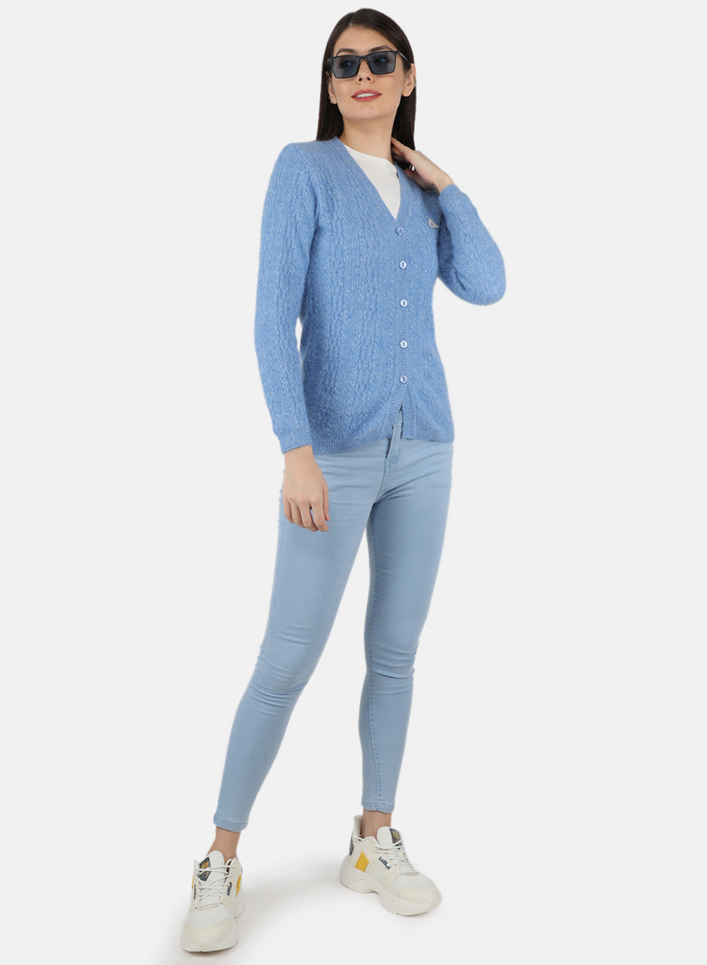 Women Blue Self Design Cardigan