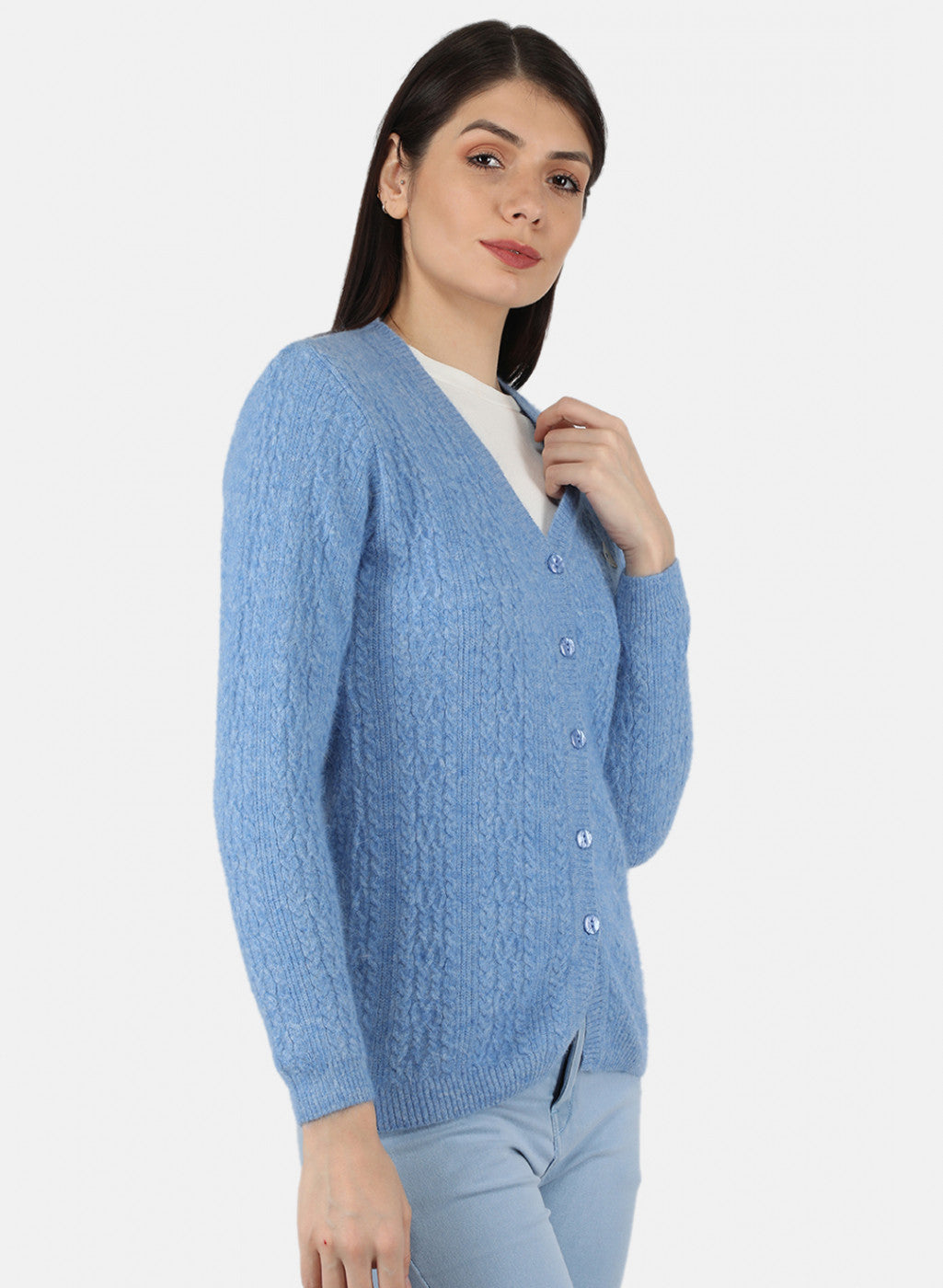 Women Blue Self Design Cardigan