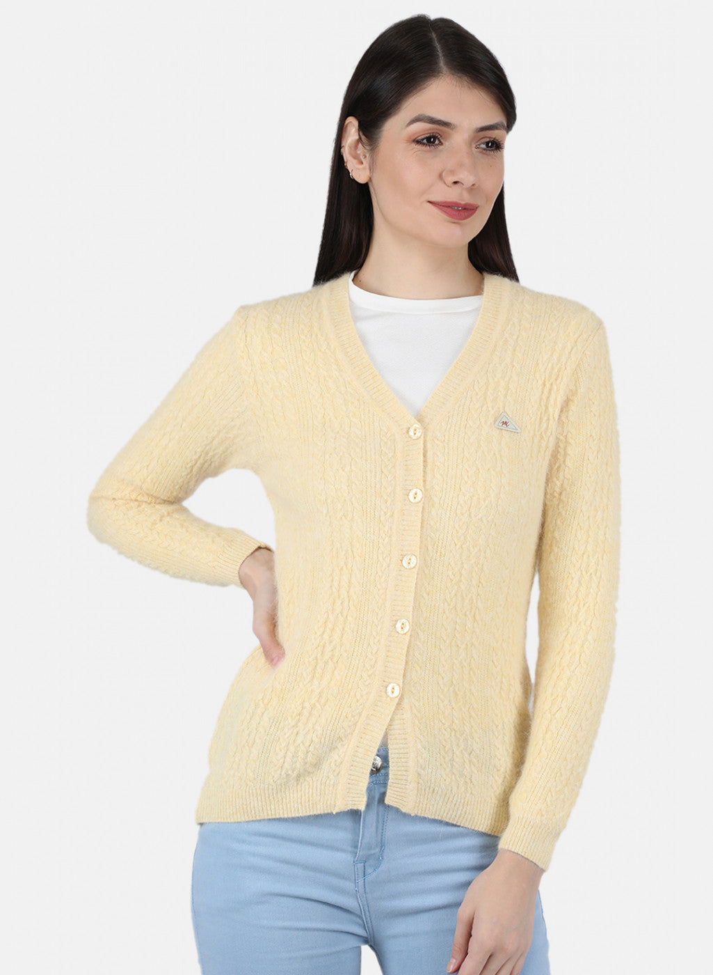 Women Yellow Self Design Cardigan