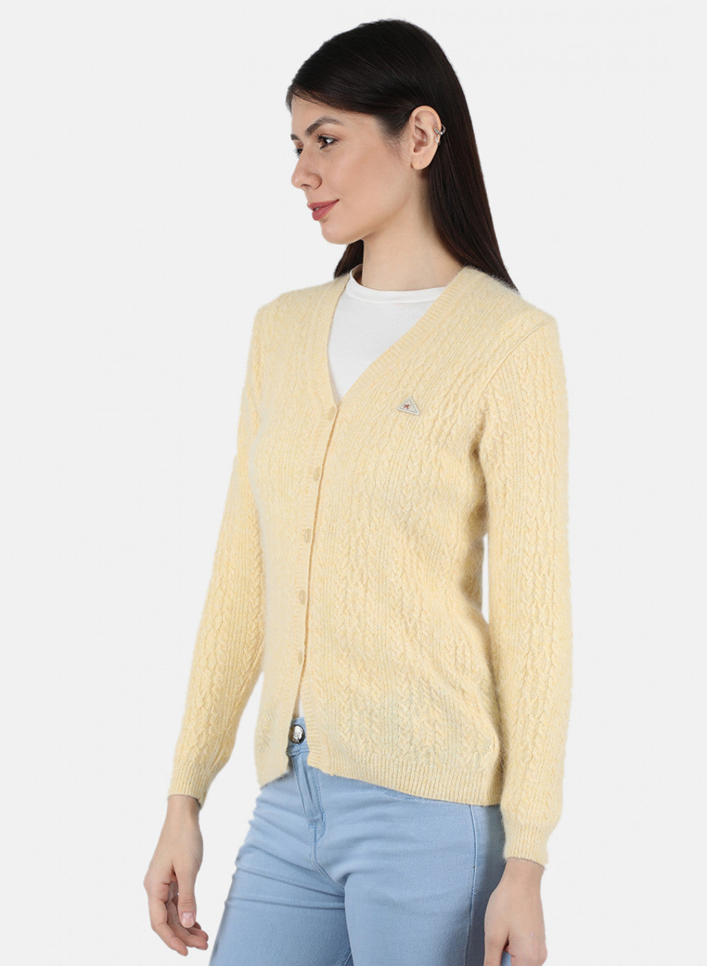 Women Yellow Self Design Cardigan