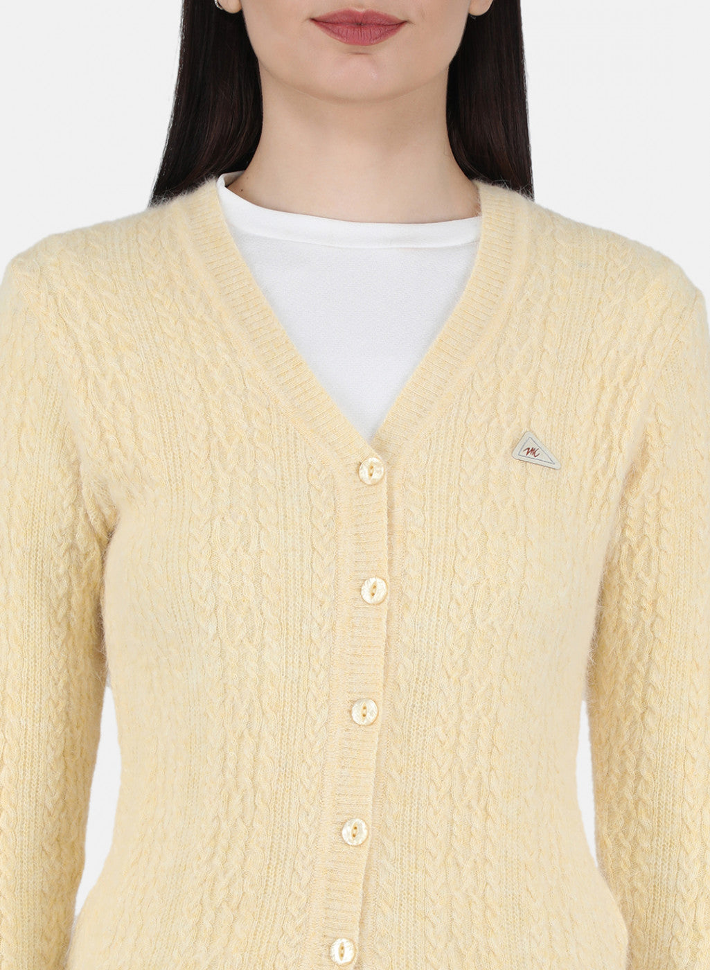 Women Yellow Self Design Cardigan