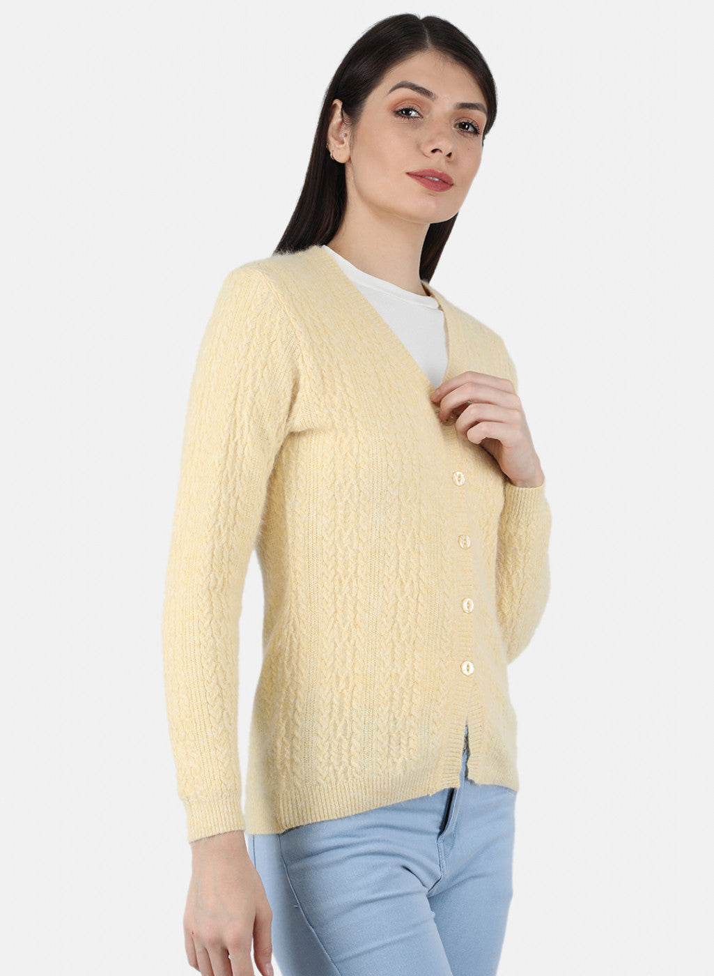 Women Yellow Self Design Cardigan