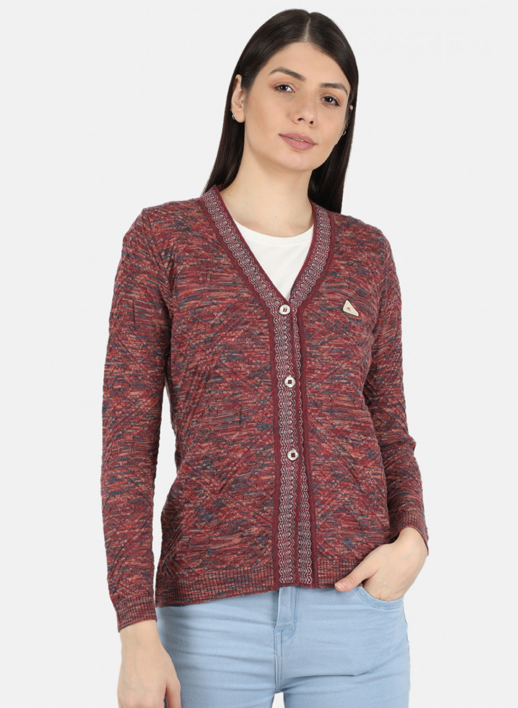 Women Maroon Self Design Cardigan