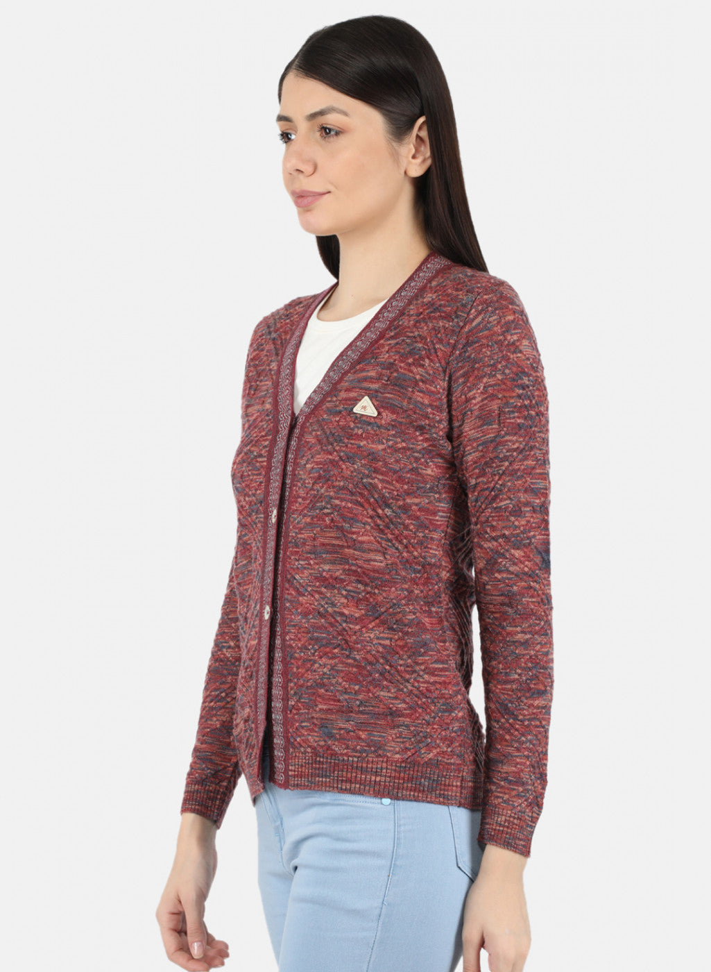 Women Maroon Self Design Cardigan