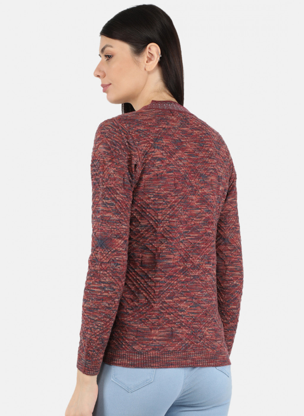 Women Maroon Self Design Cardigan