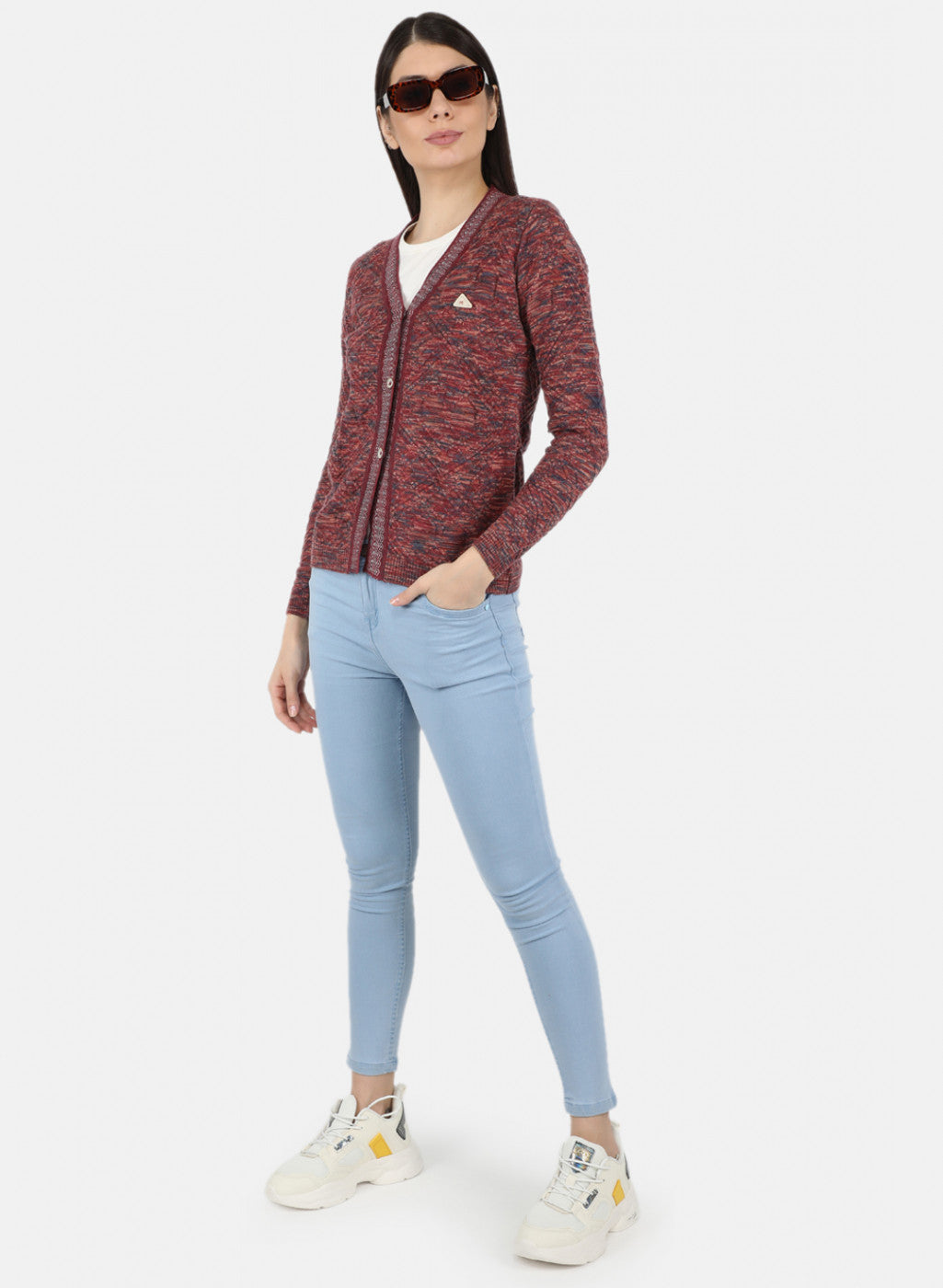 Women Maroon Self Design Cardigan