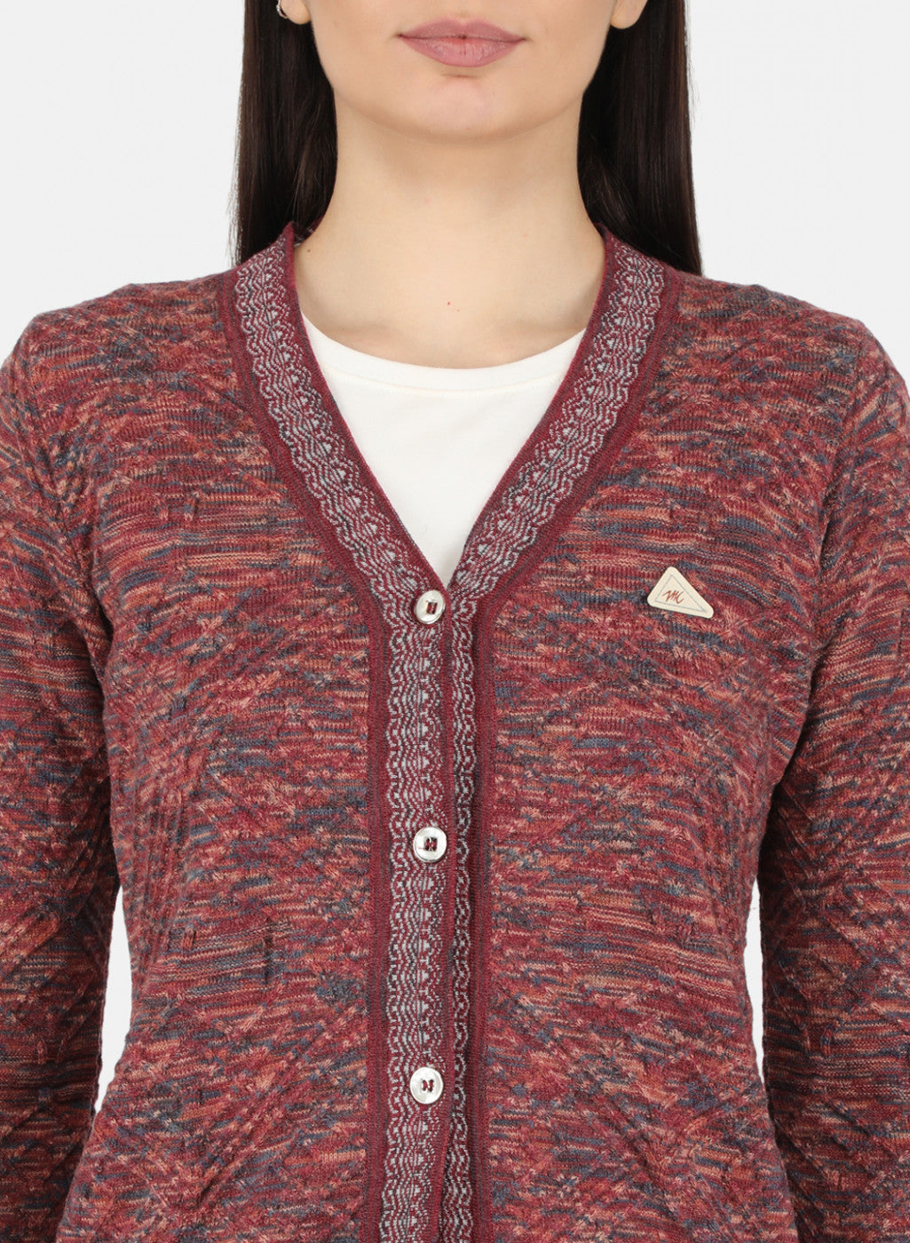 Women Maroon Self Design Cardigan