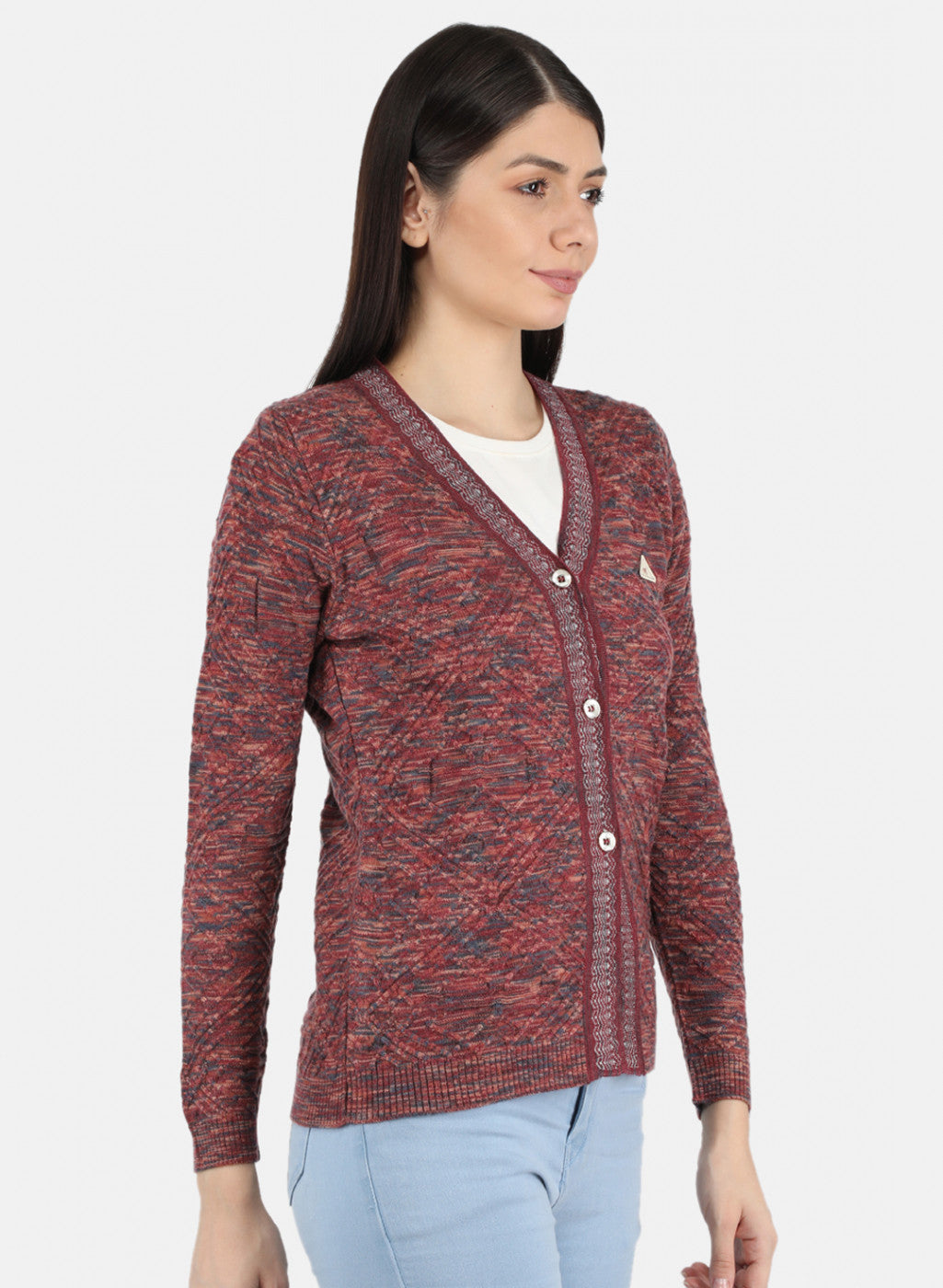 Women Maroon Self Design Cardigan