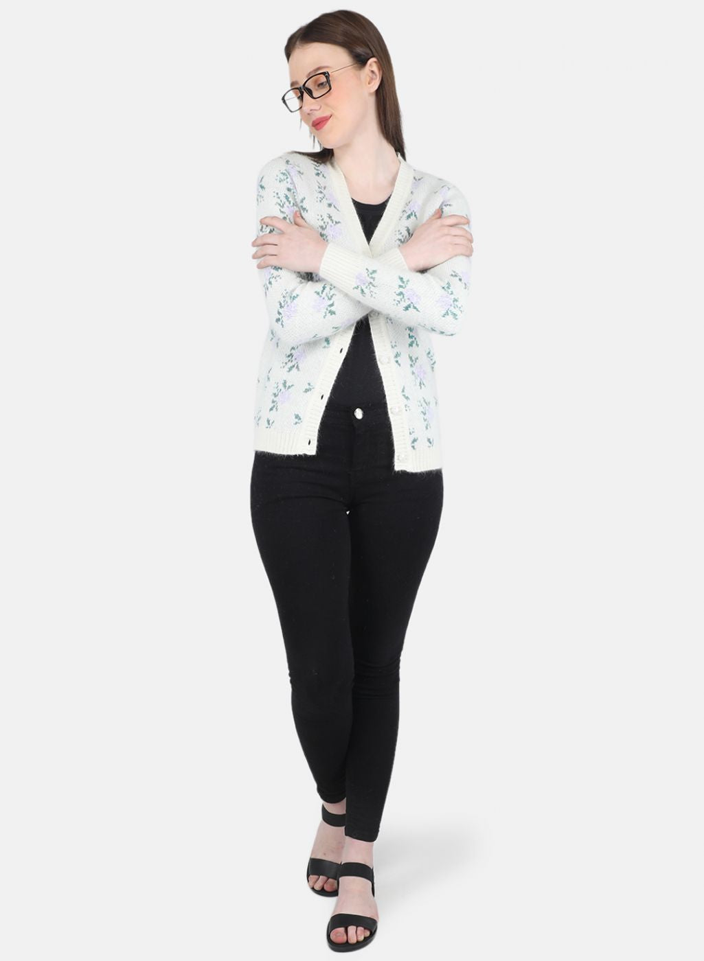 Women White Self Design Cardigan