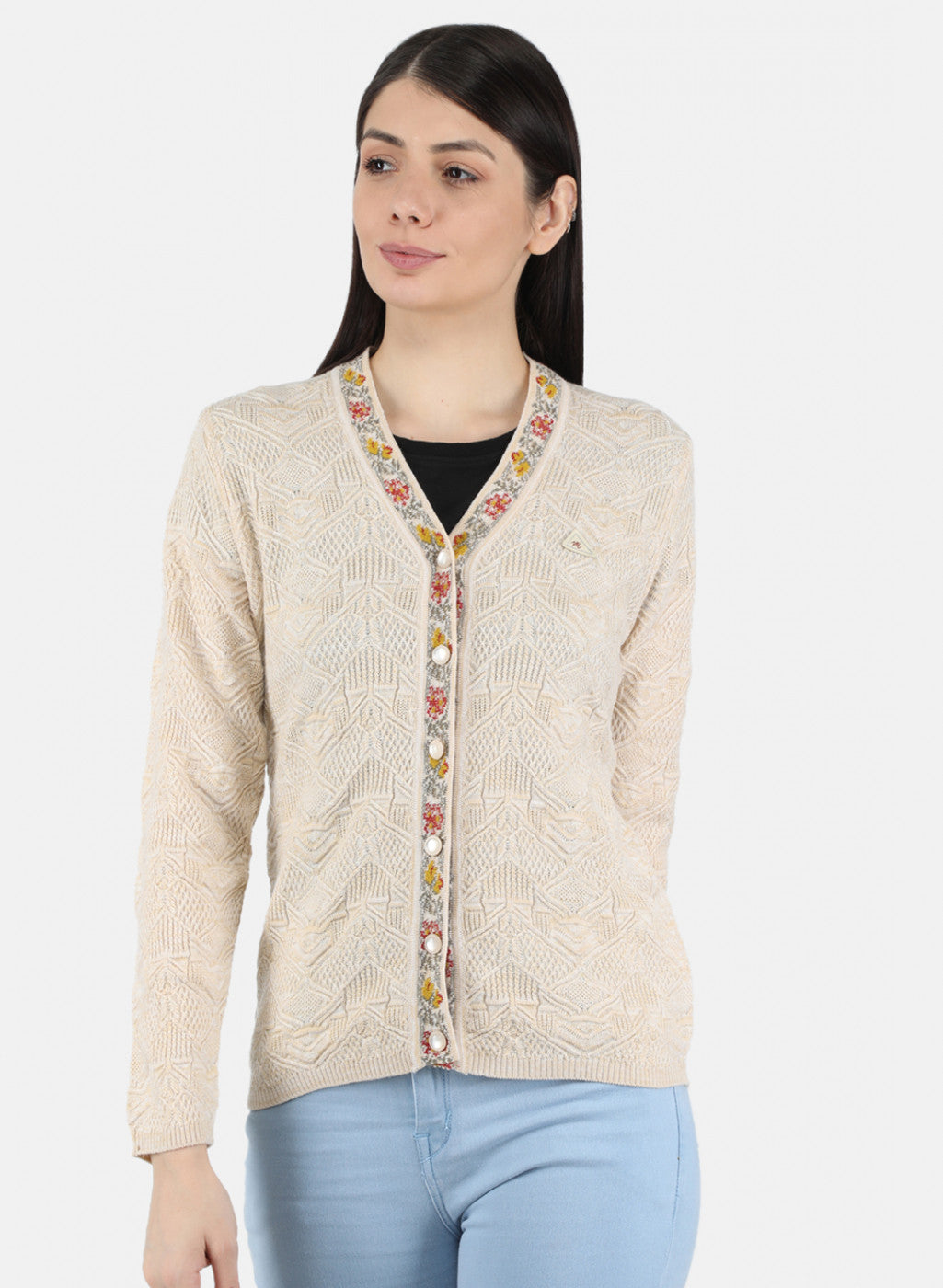 Women Beige Self Design Cardigan