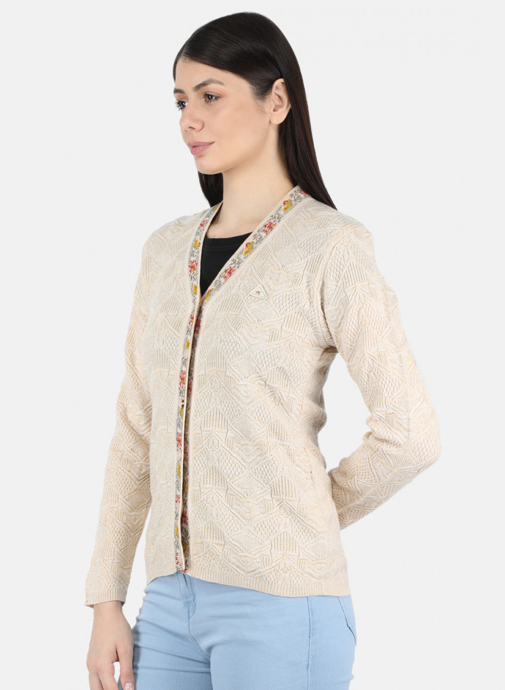 Women Beige Self Design Cardigan