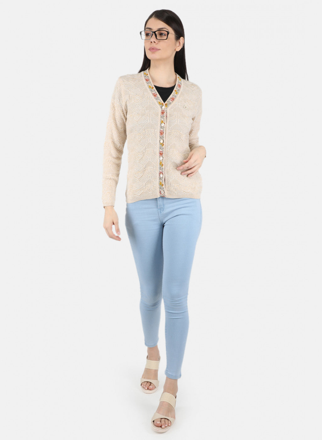 Women Beige Self Design Cardigan