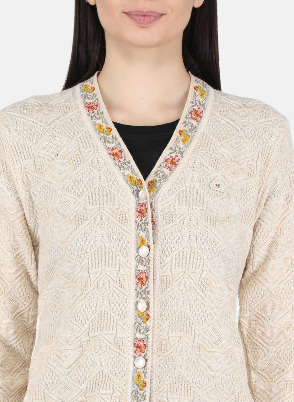 Women Beige Self Design Cardigan