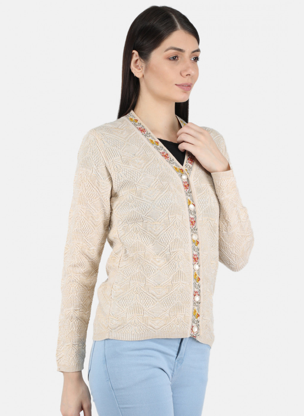 Women Beige Self Design Cardigan