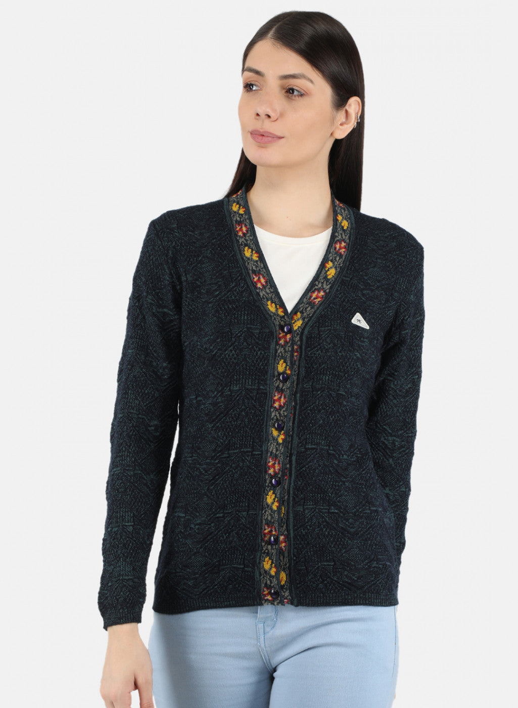 Women Navy Blue Self Design Cardigan