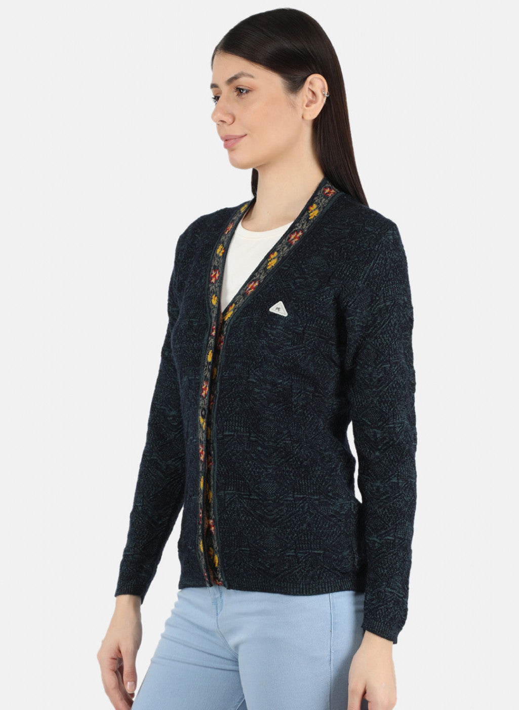 Women Navy Blue Self Design Cardigan