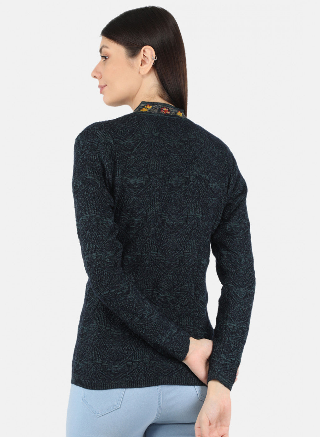 Women Navy Blue Self Design Cardigan