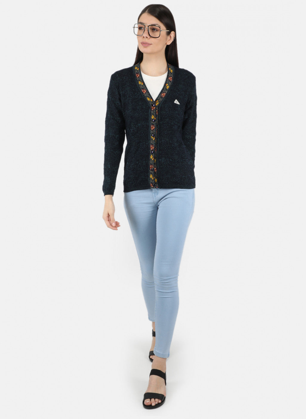 Women Navy Blue Self Design Cardigan