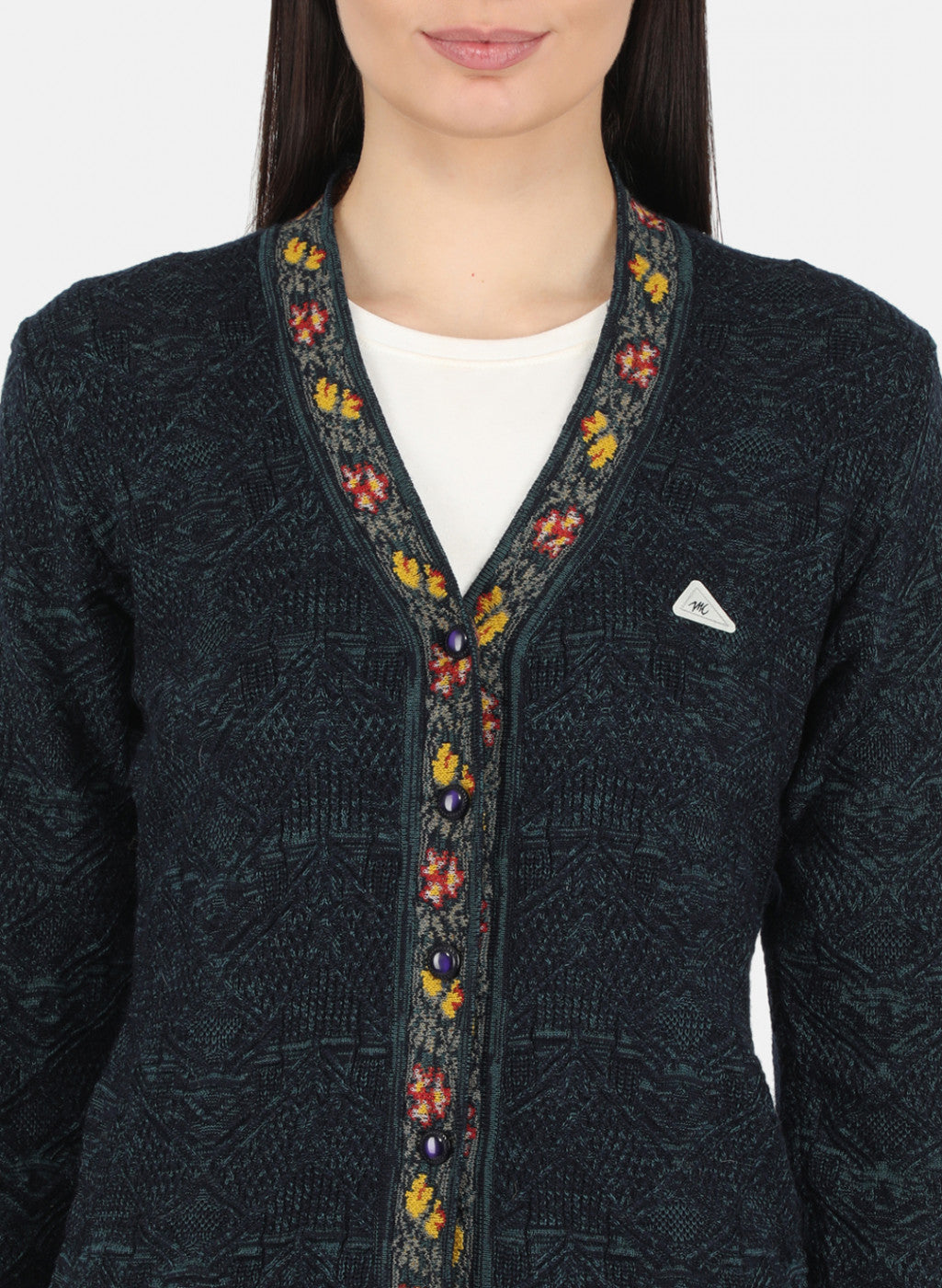 Women Navy Blue Self Design Cardigan