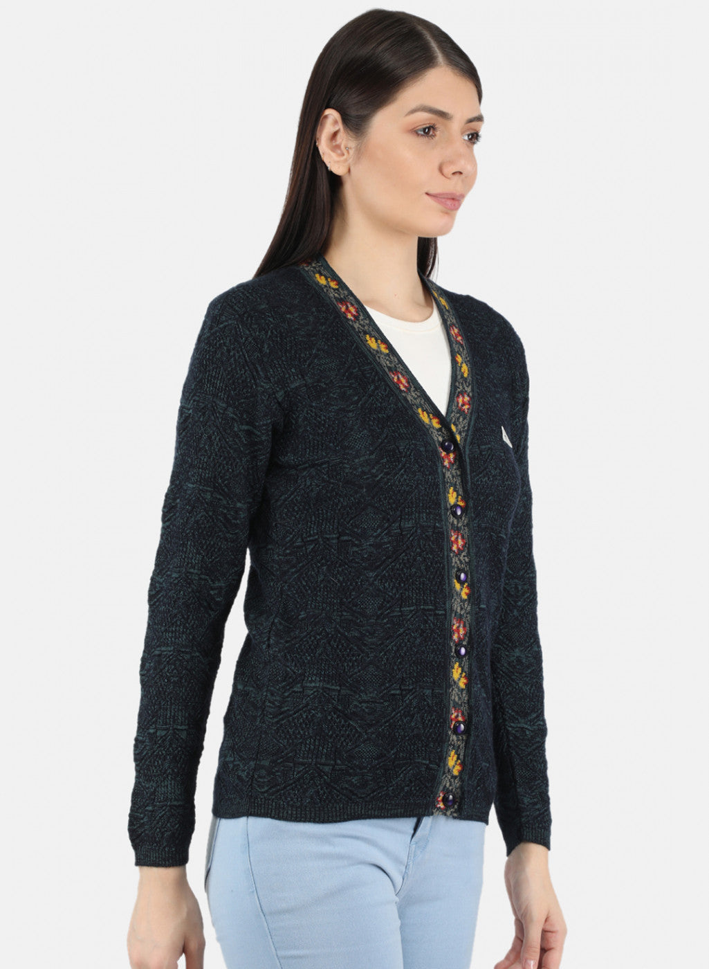 Women Navy Blue Self Design Cardigan