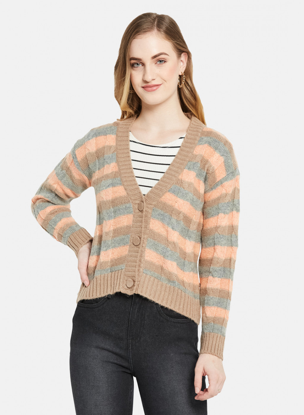 Women Beige Self Design Cardigan