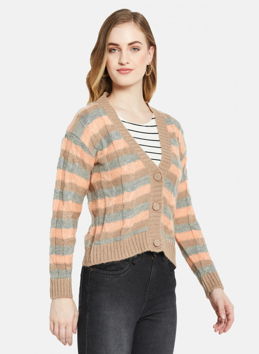 Women Beige Self Design Cardigan