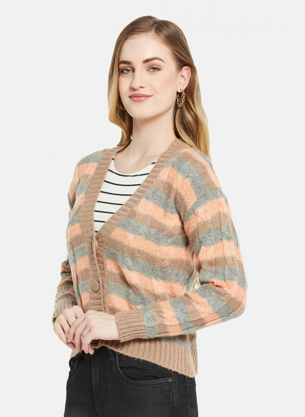 Women Beige Self Design Cardigan