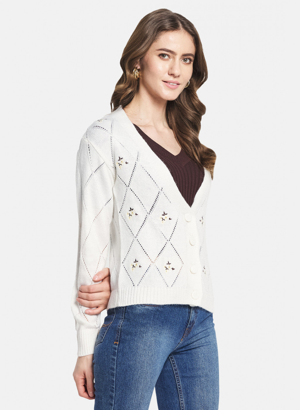 Women White Self Design Cardigan