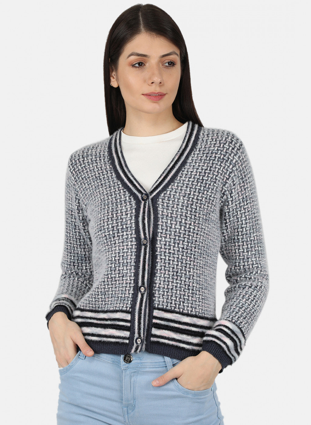 Women Grey Self Design Cardigan