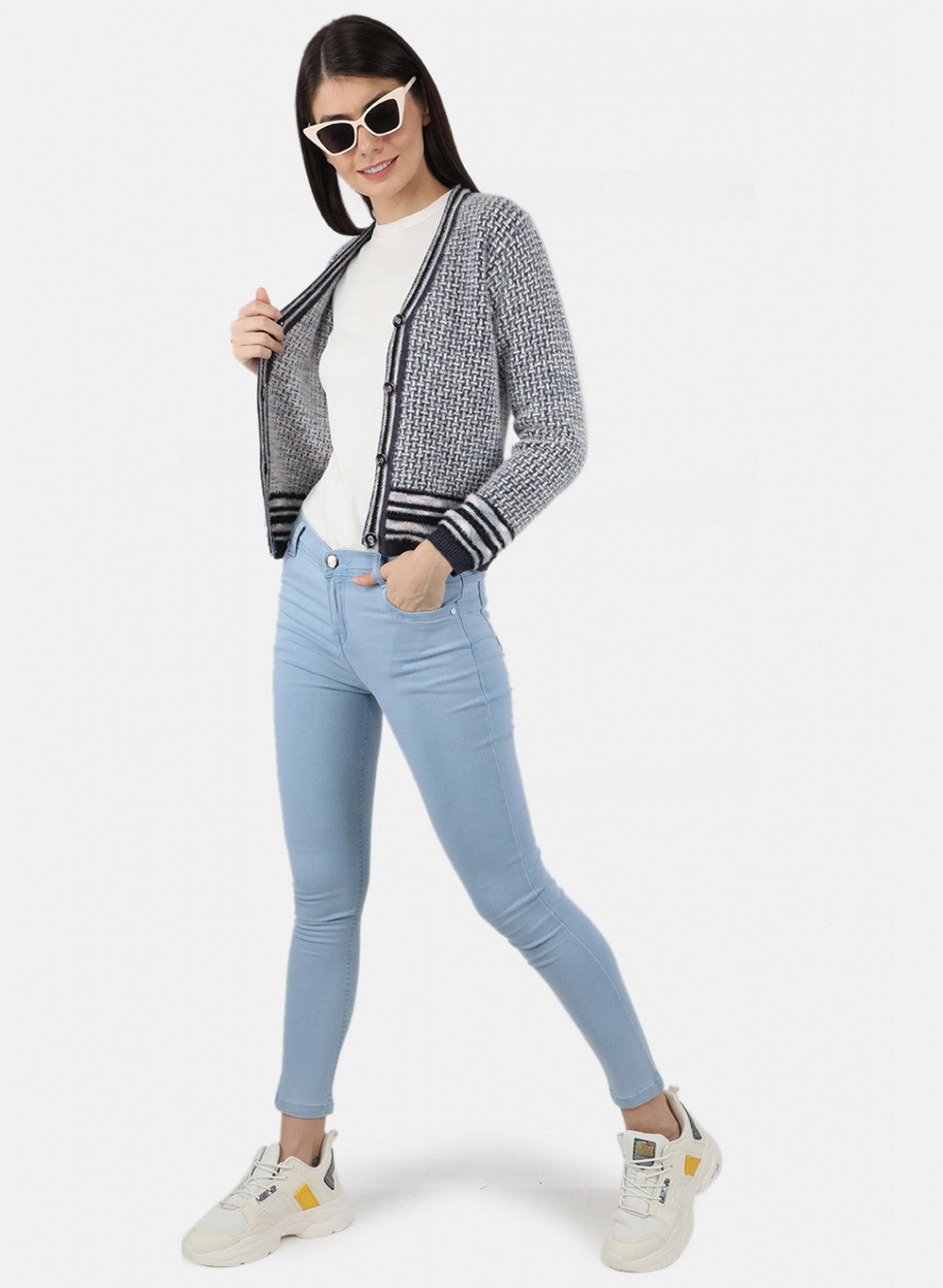 Women Grey Self Design Cardigan