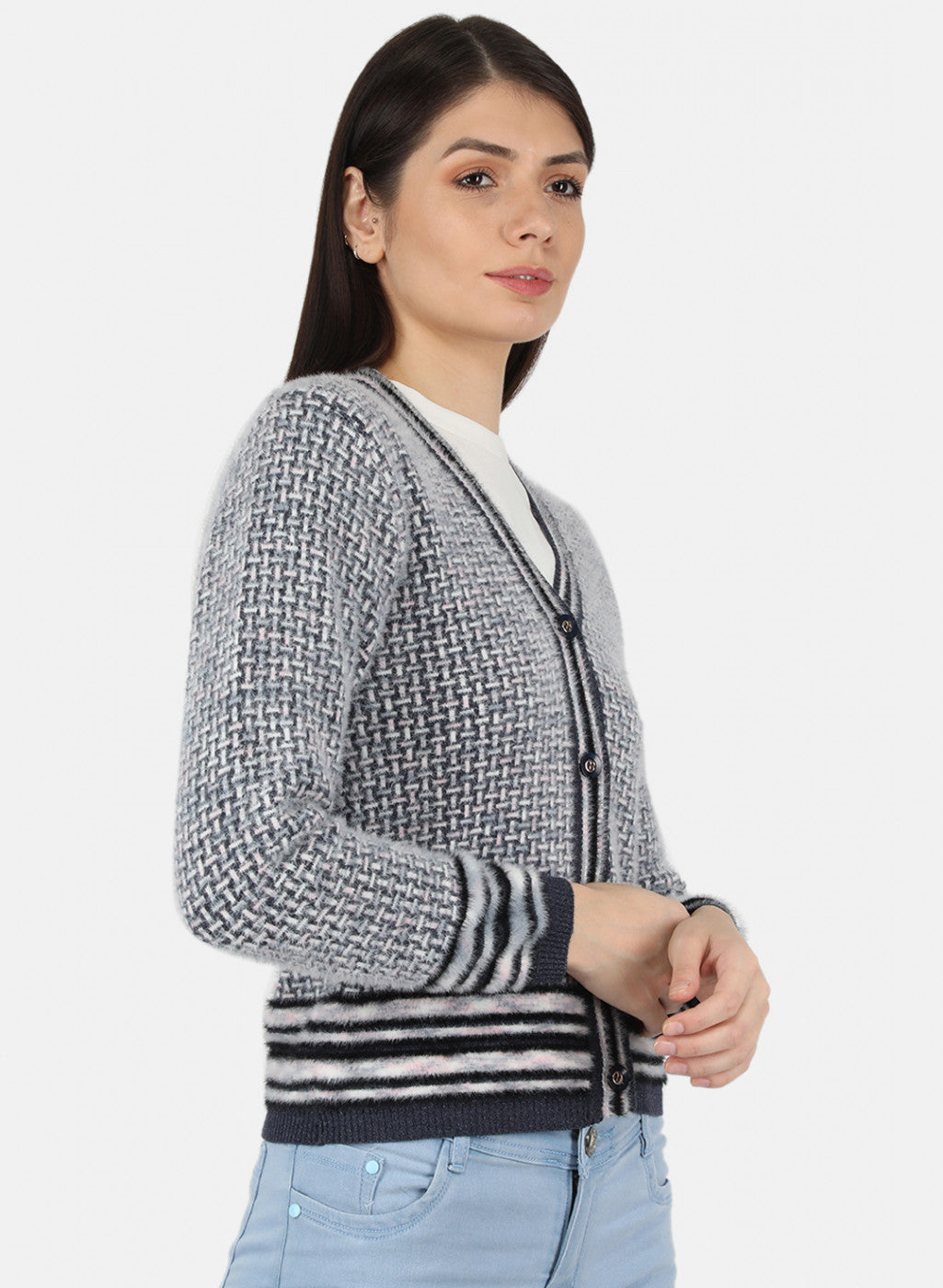 Women Grey Self Design Cardigan