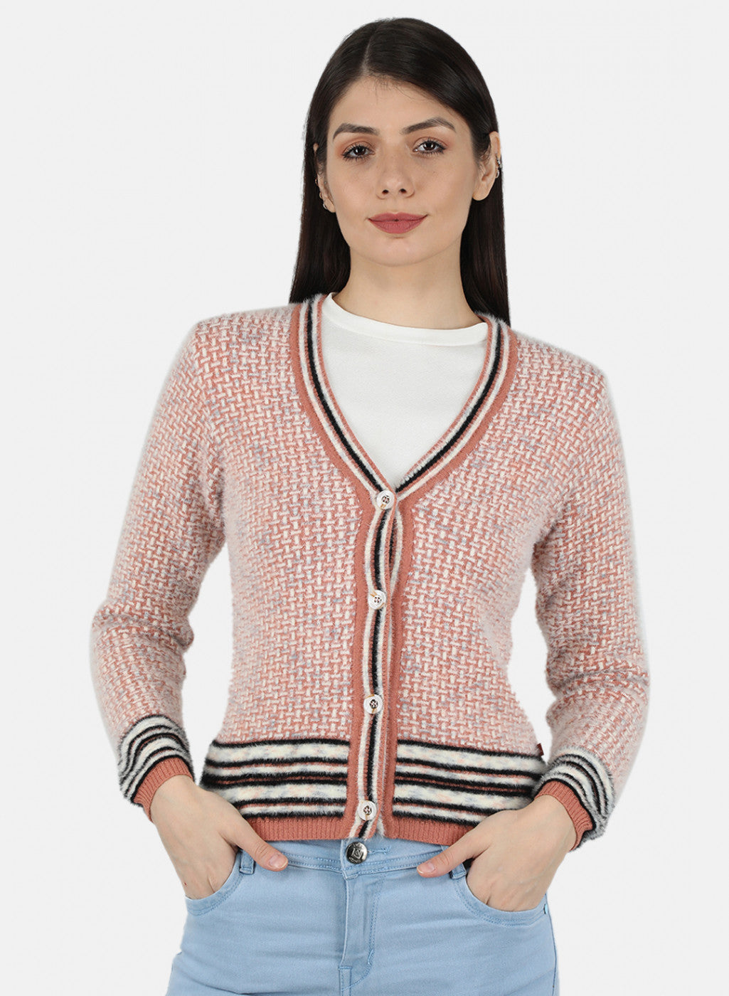 Women Rust Orange Self Design Cardigan