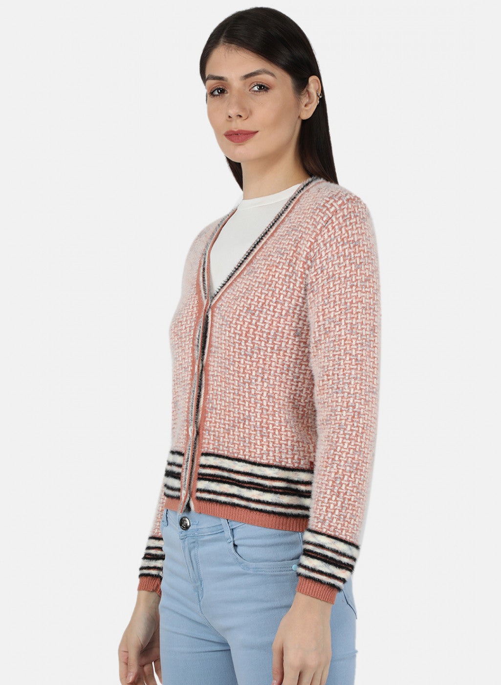 Women Rust Orange Self Design Cardigan