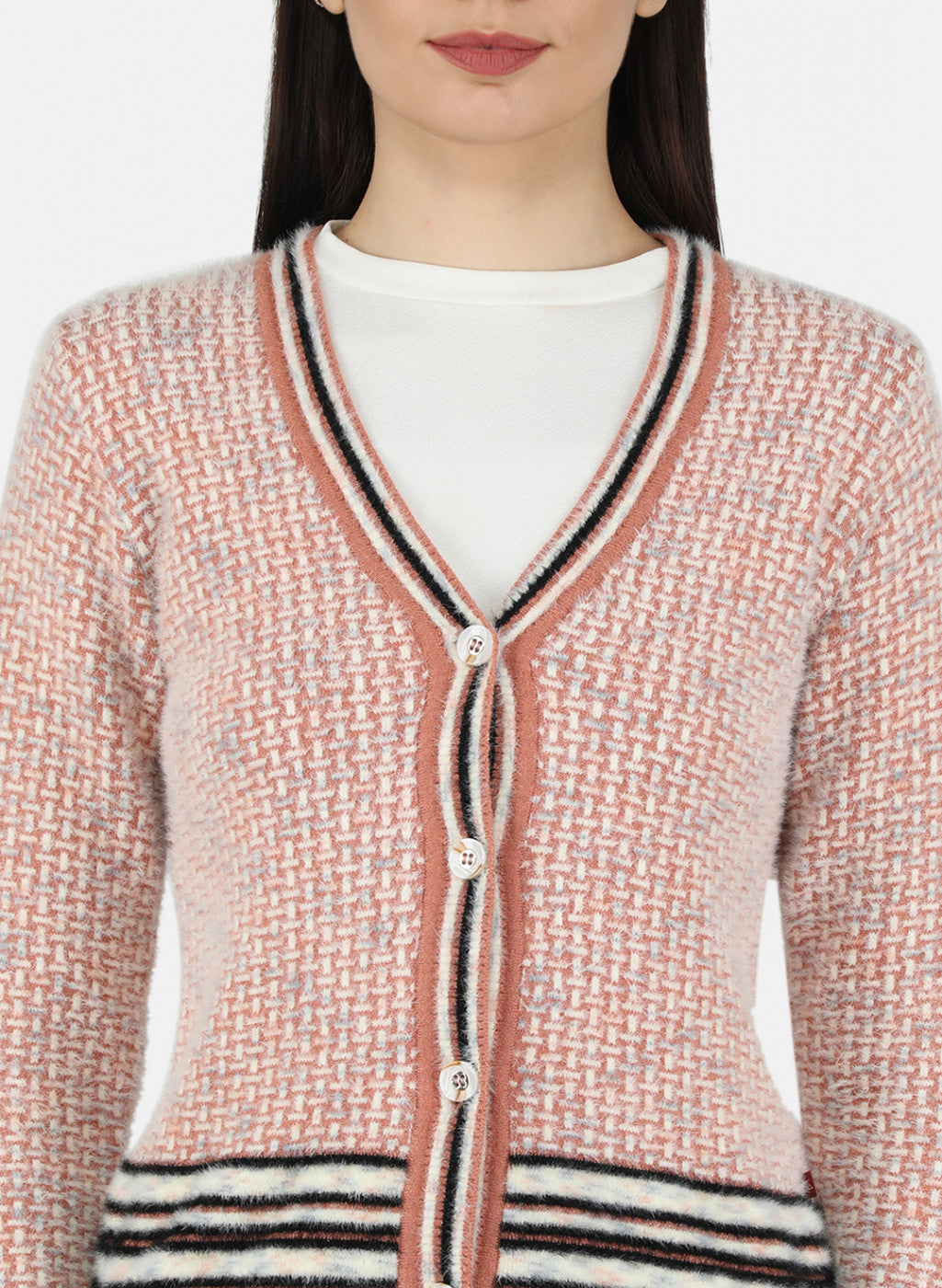 Women Rust Orange Self Design Cardigan