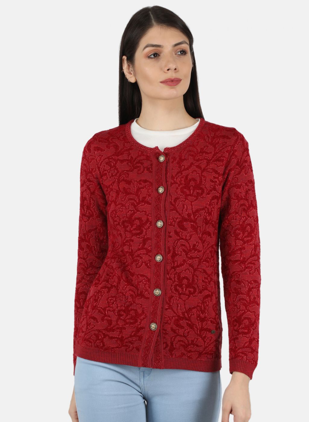 Women Red Self Design Cardigan