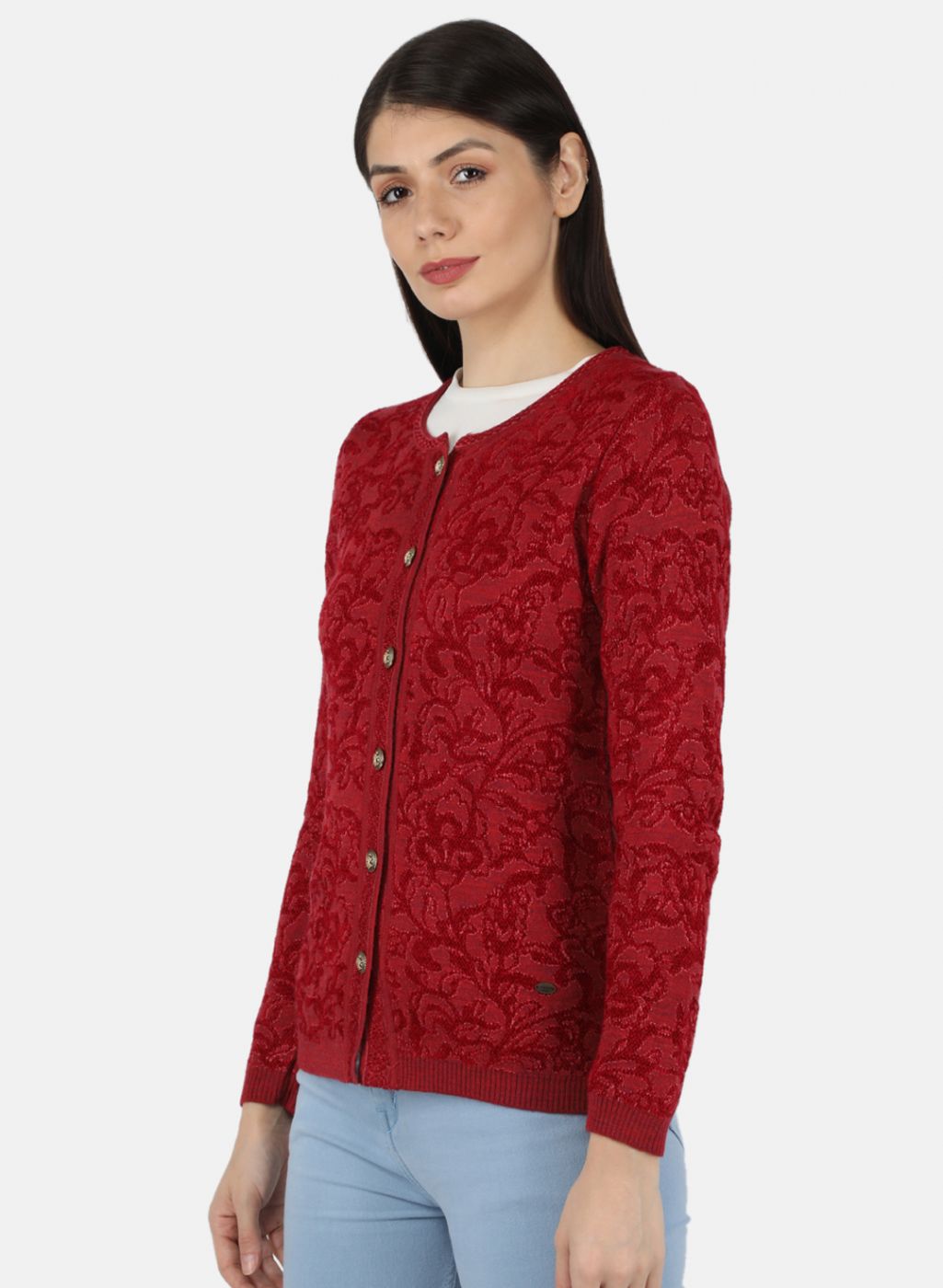 Women Red Self Design Cardigan