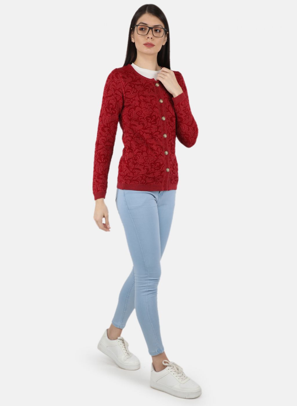 Women Red Self Design Cardigan